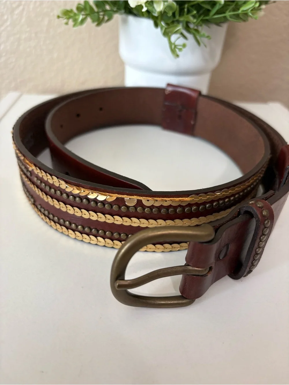 Express Brown Genuine Leather Sequin Studded Statement Belt Size L
